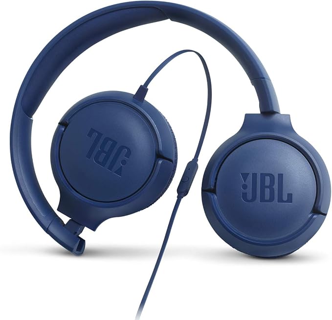 JBL Tune 500 - Wired on-ear headphones, JBL Pure Bass Sound, 1-button remote/mic, Tangle-free flat cable, Lightweight and foldable design, Ask Siri or Google Now (Blue)