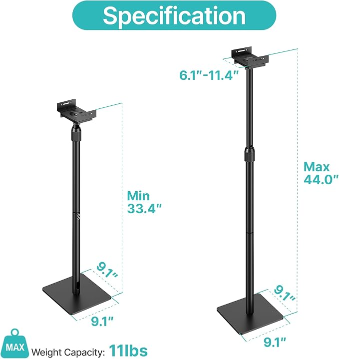 Pegzone Height-Adjustable Speaker Stands Pair, Black | Height Adjustable from 33.4" to 44", 11LBS Capacity, Surround Sound Speaker Stands, Cable Management, 1 Pair