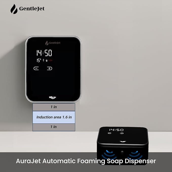 GentleJet AuraJet Automatic Foaming Soap Dispenser Wall Mount – Touchless Sensor, LED Display, 5 Foam Levels, Rechargable USB-C or Battery Powered, Aluminum Alloy, 480 ml Refillable