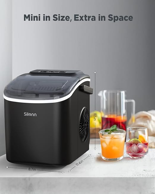 Silonn Ice Makers Countertop, 26Lbs/24H, Self-Cleaning Ice Machine, 9 Cubes Ready in 6 Mins, 2 Sizes of Bullet Ice, Ice Makers for Home Kitchen Office Bar Party, Black