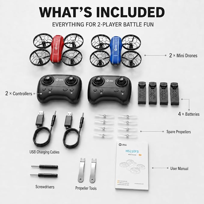 Holy Stone HS210FS Mini Drone for Kids Beginners, 2-Player Indoor RC Quadcopter Set with Battle Mode, 360° Flips, Circle Fly, Headless Mode, Altitude Hold, LED Lights, 4 Batteries