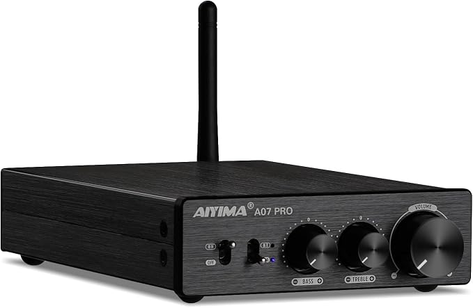 AIYIMA A07 Pro TPA3255 Stereo Amplifier Bluetooth 5.2 300Wx2 HiFi Class D Amp 2.0/2.1 Channel Audio Power Amp for Home Audio Speaker with Bass Treble knobs& 3.5mm Line Output,Supports 24-48V | Aluminum desktop receiver with bass/treble tone controls.St...