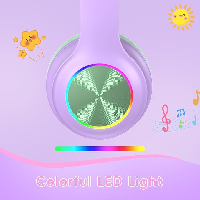 Candy Bila Kids Bluetooth 6.0 Headphones with LED Light, 85Hours Playtimes, Type-C Fast Charging, 85/94dB Volume Limited, Comfort Headphones with Built-in Mic, Wired & TF Card Mode,Green and Purple