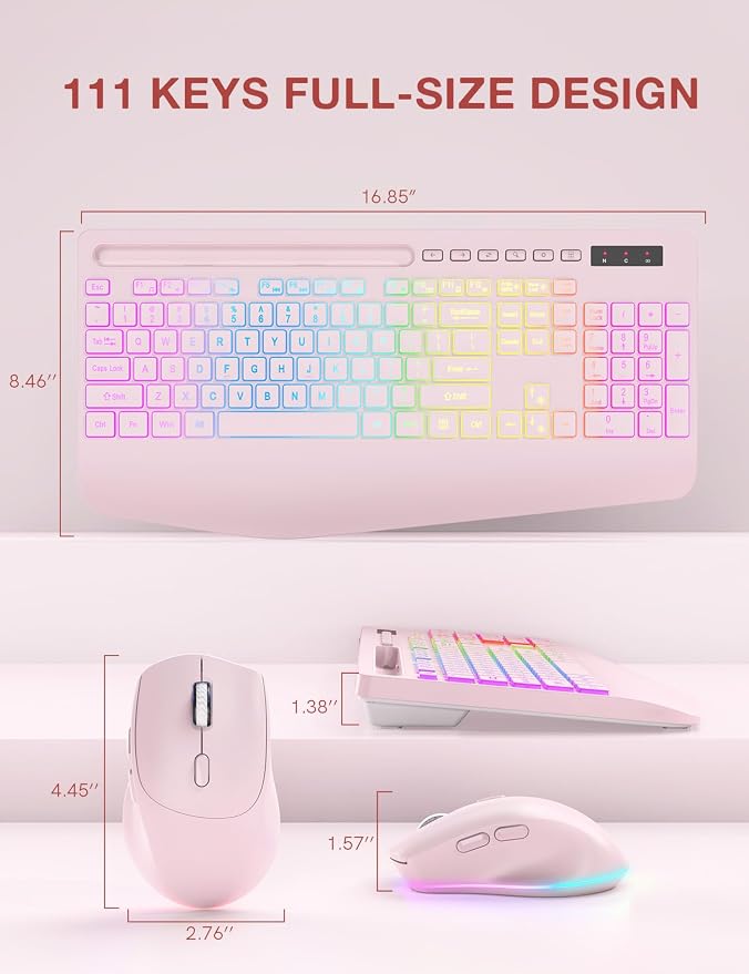 Wireless Keyboard and Mouse Combo, 9 Backlit Effects, Wrist Rest, Phone Holder, 2.4G Lag-Free Ergonomic Keyboards, KM22 MAX Rechargeable Silent Set for Computer, Laptop, Mac, Windows -SABLUTE(Pink)