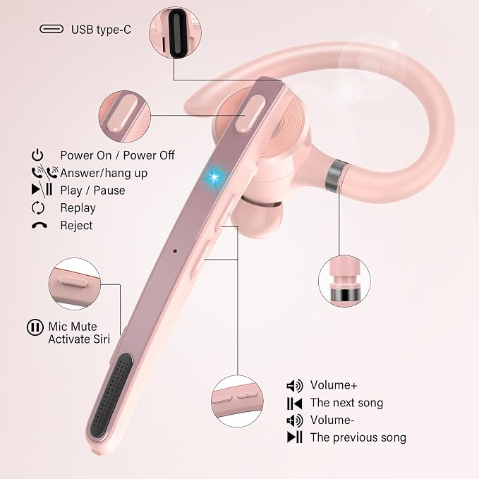 2026 Bluetooth Headset, Wireless Bluetooth 5.3 Earpiece, 90Hrs Single-Ear Headset with APTX HD Audio & Mute Button, Dual Noise Cancelling Mics, Hands Free Headphone for Trucker, Business, Gym, Pink