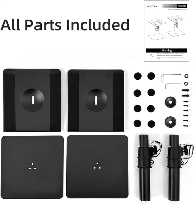 Suptek Free-Standing Speaker Stand Desktop Set, 9.6 x 8.8 inch Trays, Height Adjustment and Tilt, Universal Audio Holders for Computer and Bookshelf Speakers, Elevated Sound, 2 Pack, Black, SDM001T