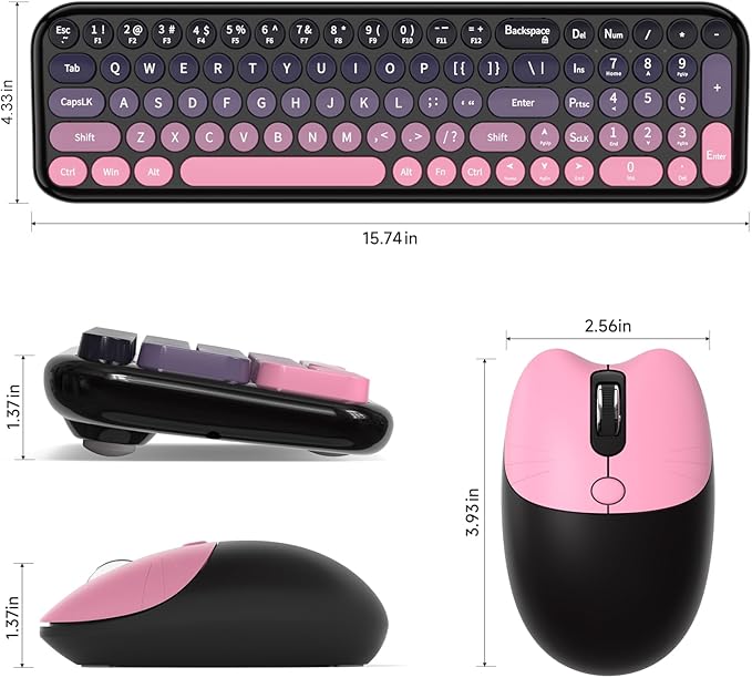 MOFII Wireless Keyboard and Mouse Combo, Compact Typewriter Retro Round Computer Keyboard and Mouse Set, Plug and Play, for Windows, Computer, Desktop, PC, Notebook - (Plum Pink Gradient)