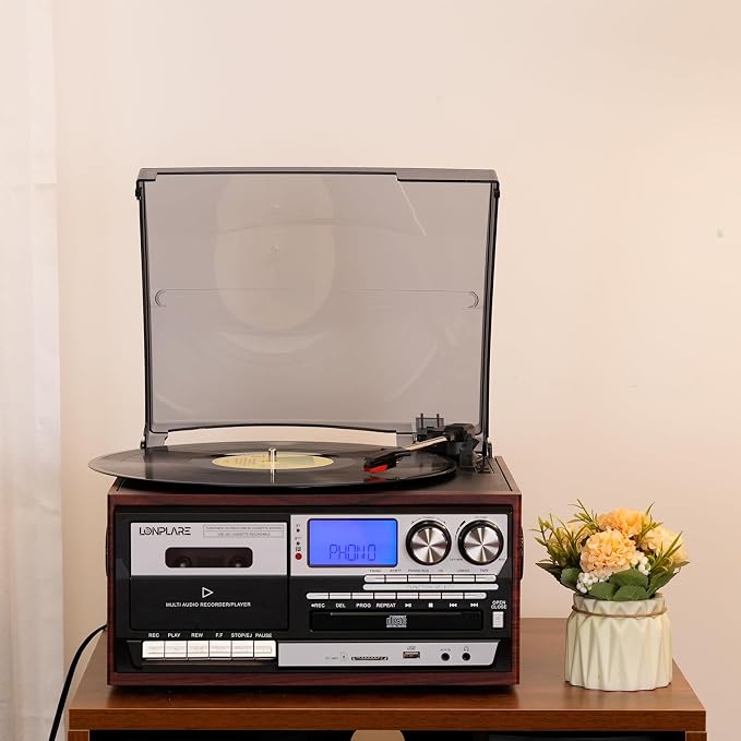 All in One Vintage 3 Speed Vinyl Record Player with Built-in Speakers,Bluetooth in/Out Turntable,CD Player/Cassette/USB/TF Card,AUX in,FM/AM Radio,RCA Out,Recording