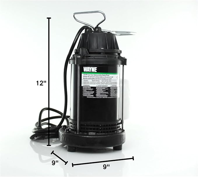 WAYNE CDU800 1/2 HP Submersible Sump Pump – Cast Iron & Stainless Steel, Vertical Float Switch, 5,100 GPH, 3-Year Warranty