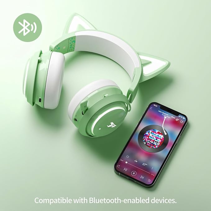 EASARS Cat Ear Headphones, Gaming Headset (Wireless, Green)