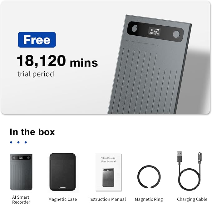 AI Voice Recorder, AI Note Taker 64GB with App Control, AI Technology Transcribe & Summarize Free, 121 Languages, Audio Recorder Device for Meetings & Calls, Ultra-Slim/Display, Magnetic Case, Grey