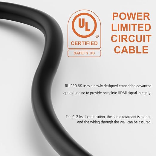 RUIPRO 8K HDMI Fiber Optic Cable CL2 Rated 200 Feet 48Gbps 8K60Hz 4K120Hz Dynamic HDR HDCP2.2/2.3 for RTX4080/4090/3080/3090, Xbox S/X, PS5/4, AVR, Projector, LG/Samsung/Sony TV