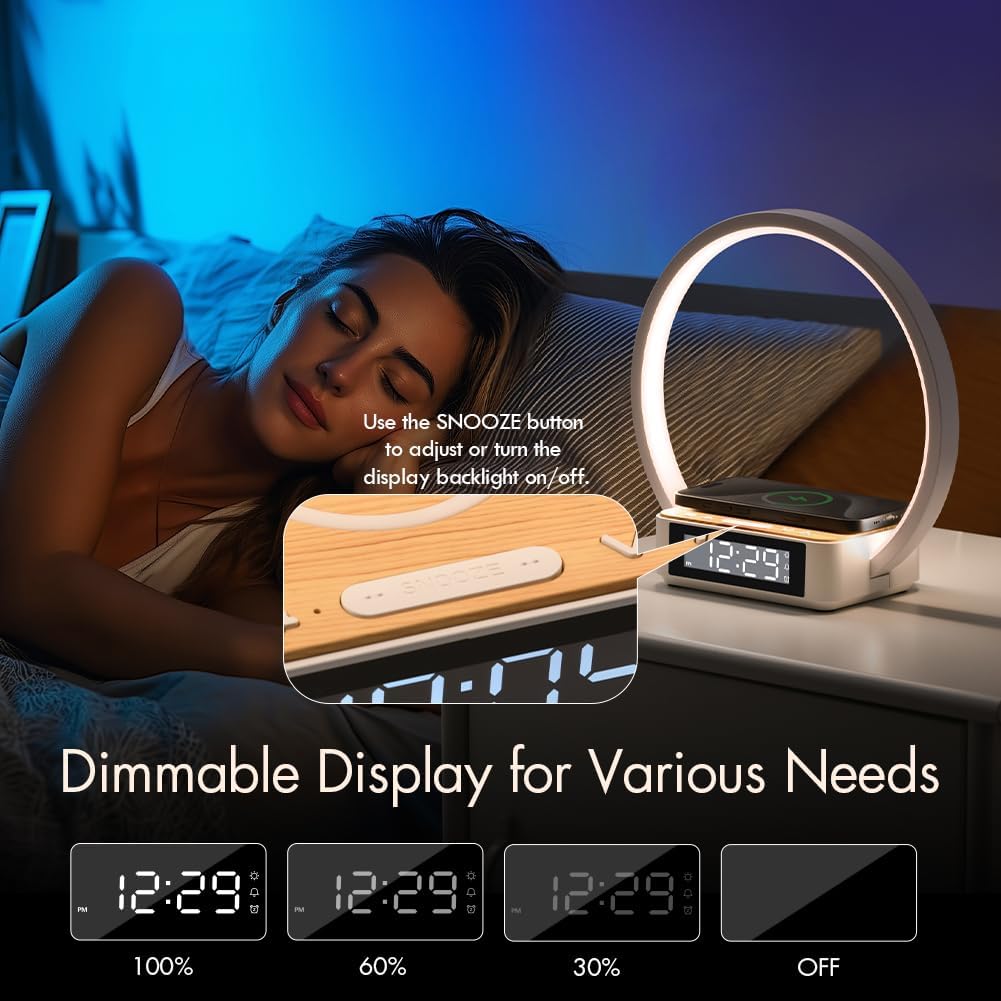 Wireless Charging Station with Alarm Clock,Bedside Lamp with Sunrise Wake-Up Light,Wireless Phone Charger,Touch Table Lamp with 3 Brightness Levels,Idea Gifts for Women,Men,Teens,Adults