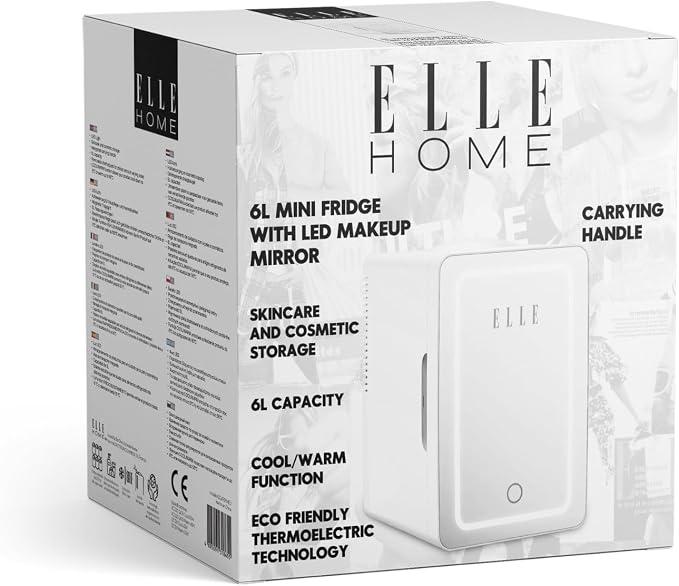ELLE 6L Mini Cooler Fridge with LED Makeup Mirror for Skincare & Cosmetic Storage Cooler & Warmer Removable Shelf Carrying Handle AC DC Power Options Small Refrigerator for Bedroom Car Office White