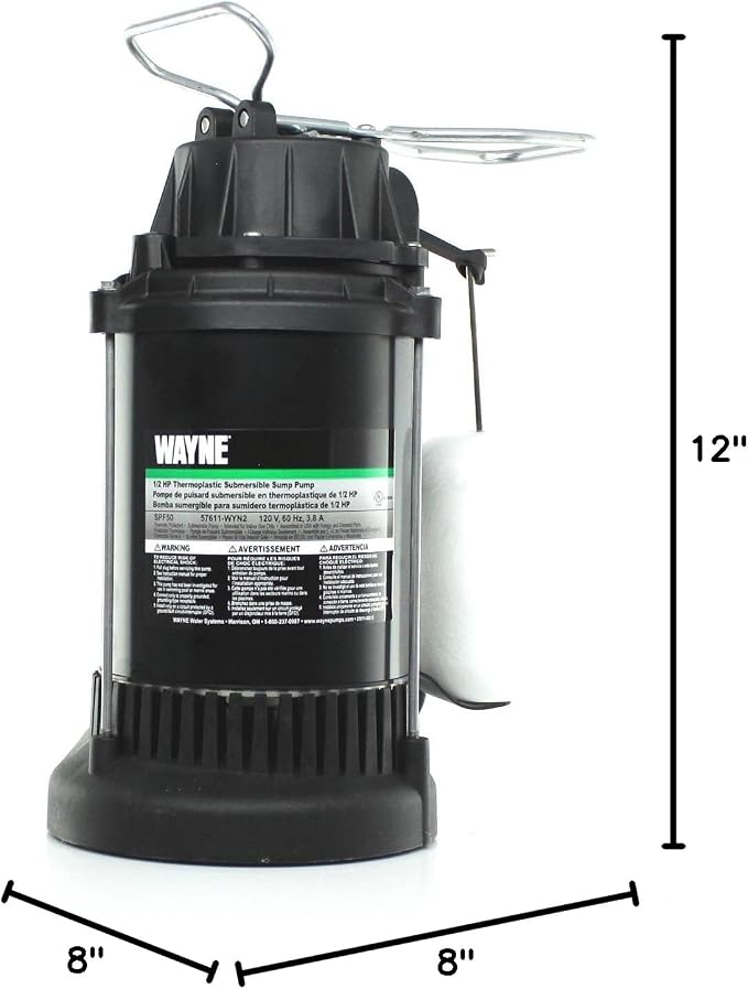 WAYNE SPF50-1/2 HP Epoxy Coated Steel and Thermoplastic Submersible Sump Pump - Up to 4,300 Gallons Per Hour - Long Lasting and Durable Construction