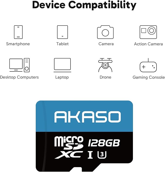 AKASO 128GB microSDXC U3 Memory Card - Up to 100MB/s, UHS-I C10, U3, Full HD, 4K UHD, MicroSD Card
