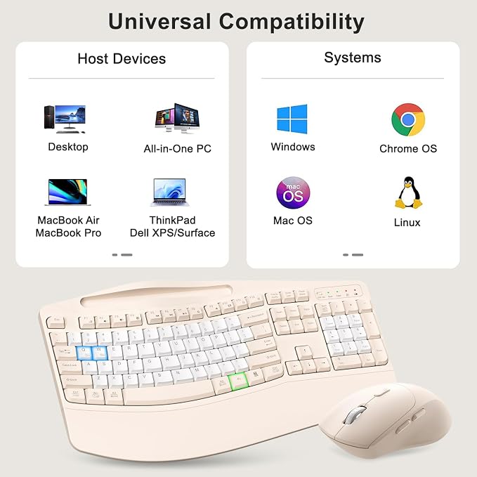 Wireless Keyboard and Mouse Combo, 2.4G Full Size Wave Keys Ergonomic Keyboard with Wrist Rest, Phone Holder, 3-Level DPI Wireless Silent Mouse with 6-Buttons, for Windows (Milk Tea-B)