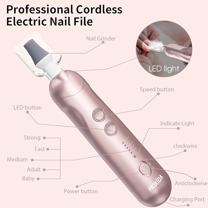 Cordless Electric Nail File Set, Rechargeable Pedicure Tools for feet, Professional Manicure Pedicure Kit 5 Speeds Hand Foot Care Nail Drill for Thick Nail Toenail Cuticle Women Men Pets