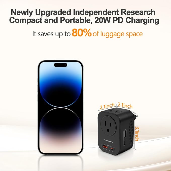 220V to 110V 20W PD Voltage Converter US to Europe International Universal Travel Adapter with 2 USB A 2 Type-C Port Worldwide Power Converters Plug Combo for Spain Italy (Black)-NB