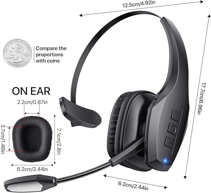 Trucker Bluetooth Headset, Wireless Headset with Mic, Bluetooth Headsets with Dual Noise Cancelling Microphone & Mute Button, 55Hrs Working Time PC Headsets for Cell Phones, Computer, Truck Driver