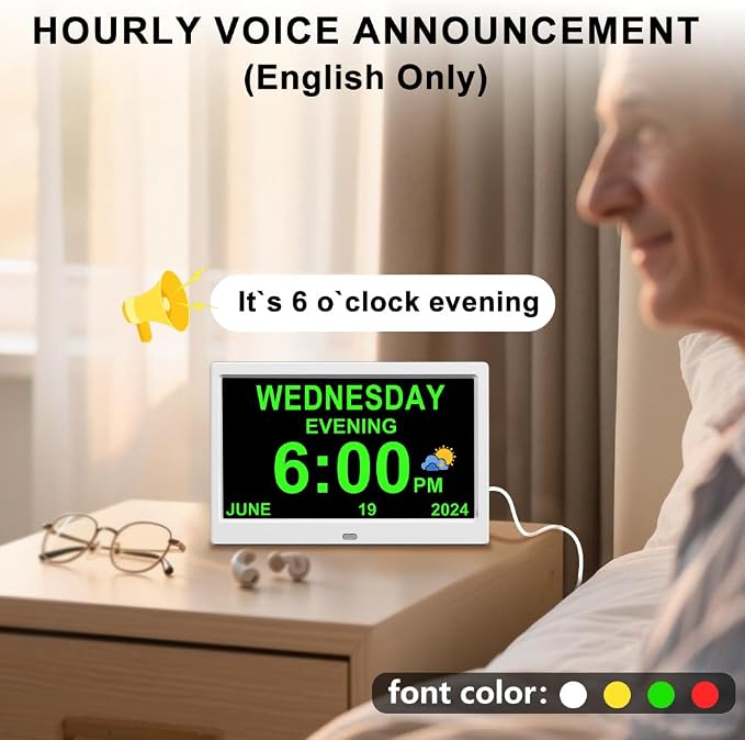CAZOKASI Extra Large Impaired Vision Digital Alarm Clock with Day and Time for Elderly DST Calendar Clock No Battery Plug-in Power Outage Memory Auto Dimmable Clock (10.1 Inch White)