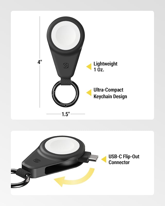 Scosche WatchIt Keychain Magnetic Charger for Apple Watch, Fast Charging USB-C Plug-in (No Battery), Portable Travel Charger for Series 11/10/9/8/7/6/5/4/3/2, Ultra 3/2, SE3/SE2/SE & AirPods, Black