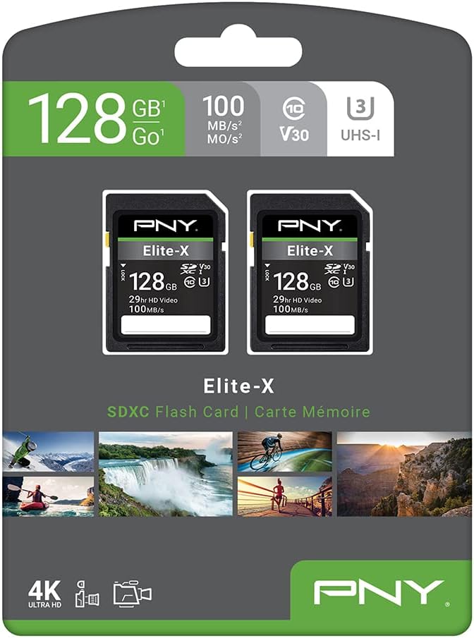 PNY 128GB Elite-X Class 10 U3 V30 SDXC Flash Memory Card - 100MB/s, 4K UHD, HD, UHS-I, Full Size SD (Pack of 2)
