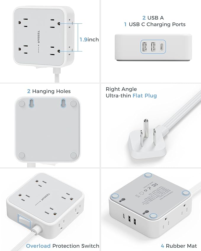 TESSAN Surge Protector Power Strip, 15 Ft Flat Plug Extension Cord with 3 USB (1 USB C) 8 Outlets, 1250W, 900J Protection, 3 Sided Outlet Extender with Power Switch for Office, Dorm Room, Grey