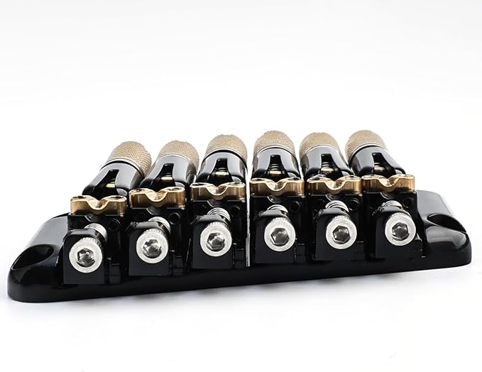 Fanned-fret 6 String Headless Guitar Bridge 10.5mm Headless Fixed Bridge -Brass Saddles Zinc Alloy Plate, Easy Installation/Adjustment, Fits Most 6-String Headless(Gold Tailpiece Nut)