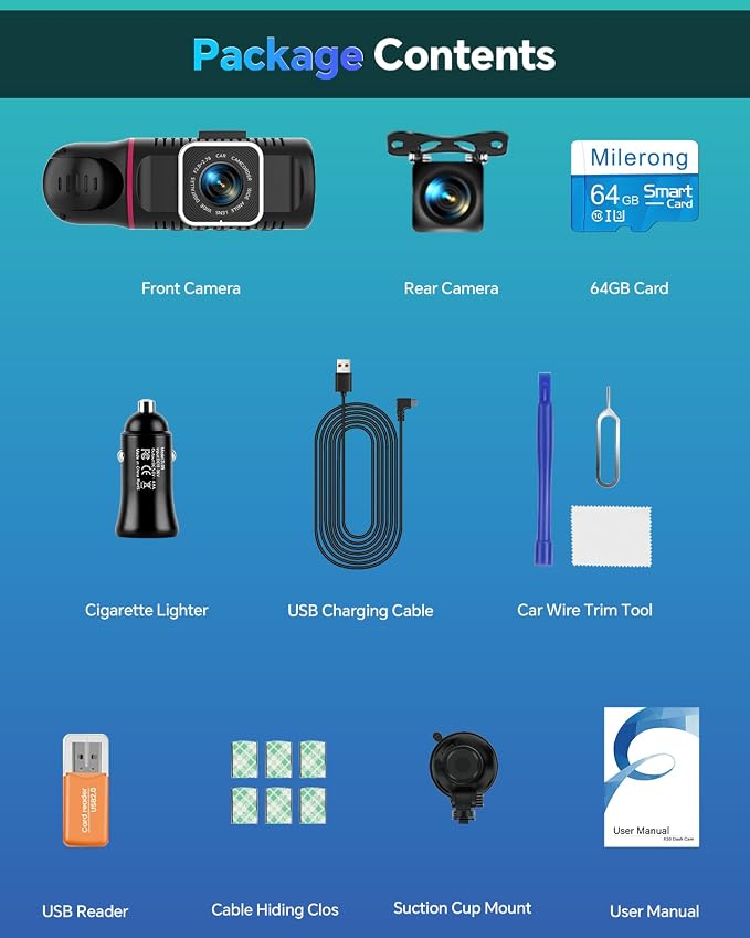 Dash Cam Front and Rear Inside 3 Channel, 1080P Dashcam with 64GB Card, Dash Camera for Cars with 24H Parking Monitor, Super Night Vision, Loop Recording, G-Sensor, WDR, 2.3" Screen for Taxi