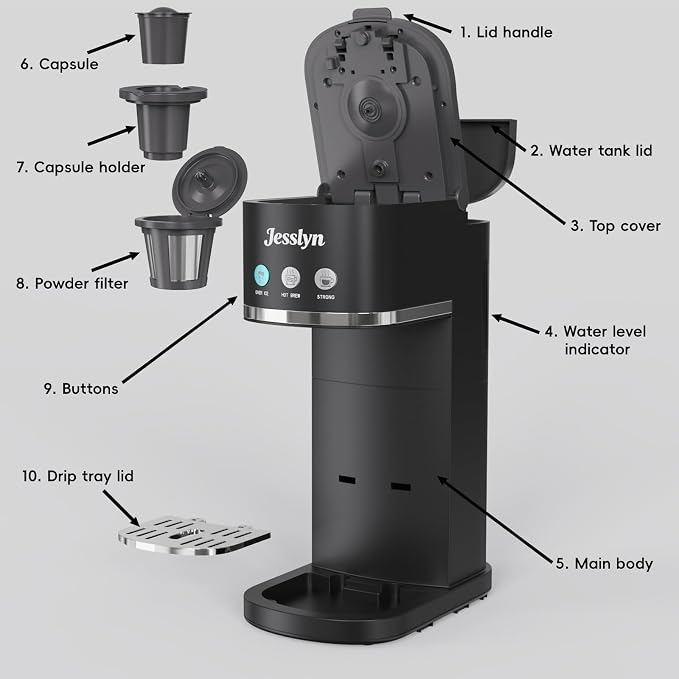 Jesslyn Single Serve Hot and Iced Coffee Maker, Compatible with Multiple Coffee Pods & Ground, Fits Tall Mugs, Over Ice & Strong Brew Function, for Home Office Travel RV Dorm, Classic Black