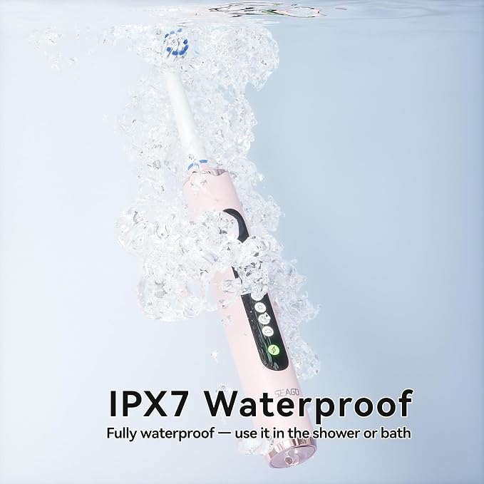 SEAGO Rotating Electric Toothbrush for Adults - 8 Replacement Heads (4 Soft/4 Hard), IPX7 Waterproof, 5 Modes with Memory Function, 2-Minute Timer, USB Type-C Rechargeable (SG-2607-Pink