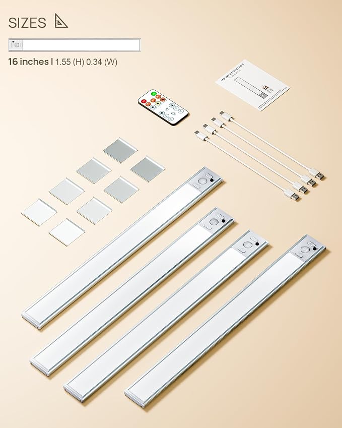 16inch Under Cabinet Lighting Wireless, 4000mAh Rechargeable Motion Sensor Light Indoor, LED Closet Lights with Remote, 3 Color Temps Dimmable Magnetic Under Counter Lights for Kitchen, Stair, 4 Pack