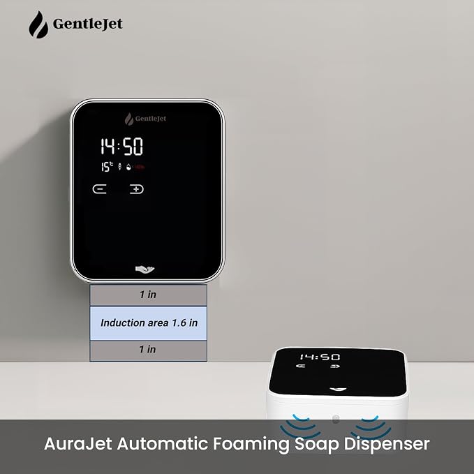 GentleJet AuraJet Automatic Foaming Soap Dispenser Wall Mount – Touchless Sensor, LED Display, 5 Foam Levels, Rechargable USB-C or Battery Powered, Aluminum Alloy, 480 ml Refillable