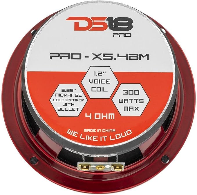 DS18 PRO-X5.4BM Loudspeaker - 5.25", Midrange, Red Aluminum Bullet, 300W Max, 150W RMS, 4 Ohms - Premium Quality Audio Door Speakers for Car or Truck Stereo Sound System (1 Speaker)