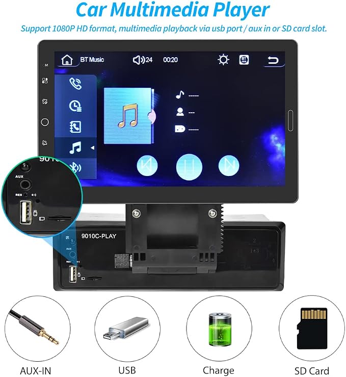 Hikity 10.1 Inch Single Din Car Stereo with Carplay Android Auto, Detachable Touch Screen Car Radio, Bluetooth FM Car Audio Receiver Support Mirror Link TF AUX USB SWC DVR Backup Camera