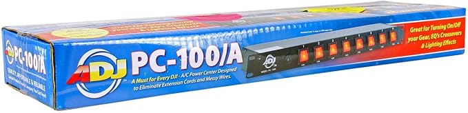 American DJ 8 channel AC power strip with 15 amp breaker and 8 on/off toggle switches. 19 inch rack mountable