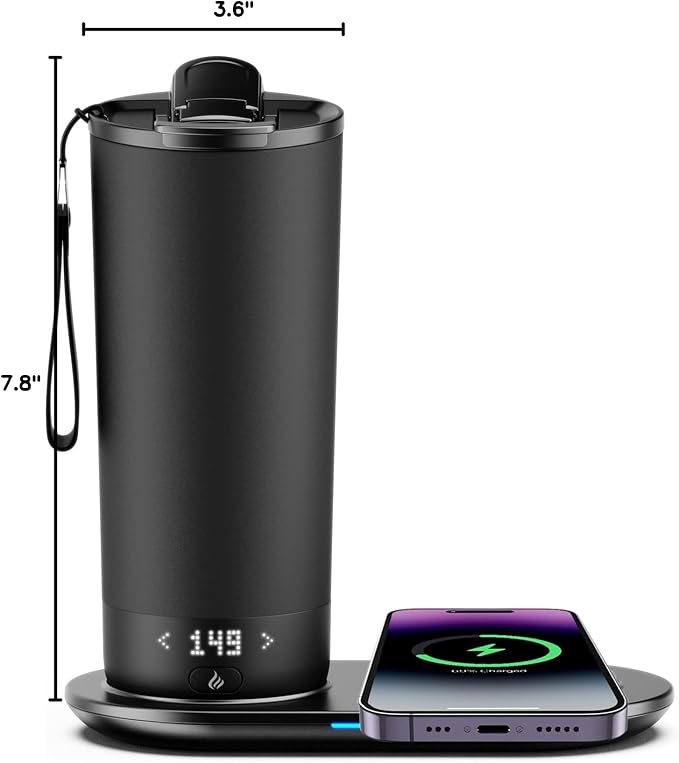 Temperature Control Heated Travel Mug Smart Self Heating Coffee Mug 20 Oz App Controlled LED Display coffee serving sets mug kept at a constant temperature for 4-10 hours (Black, 20 oz)