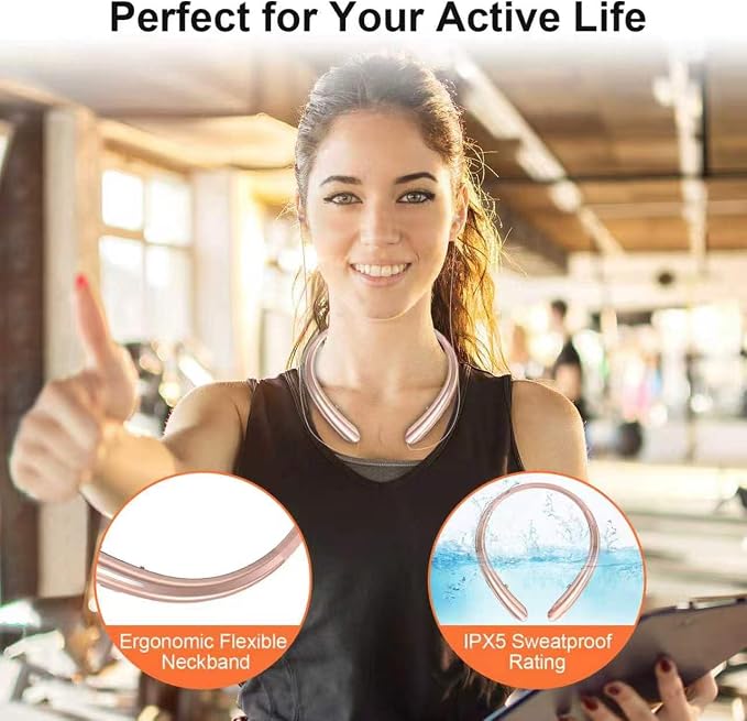 Bluetooth 5.0 Neckband Bluetooth Headphone, Sweat Resistant Noise Cancelling Stereo Headphones, and Retractable Ear Tips for Music, Conference, Videos (Rose Gold)