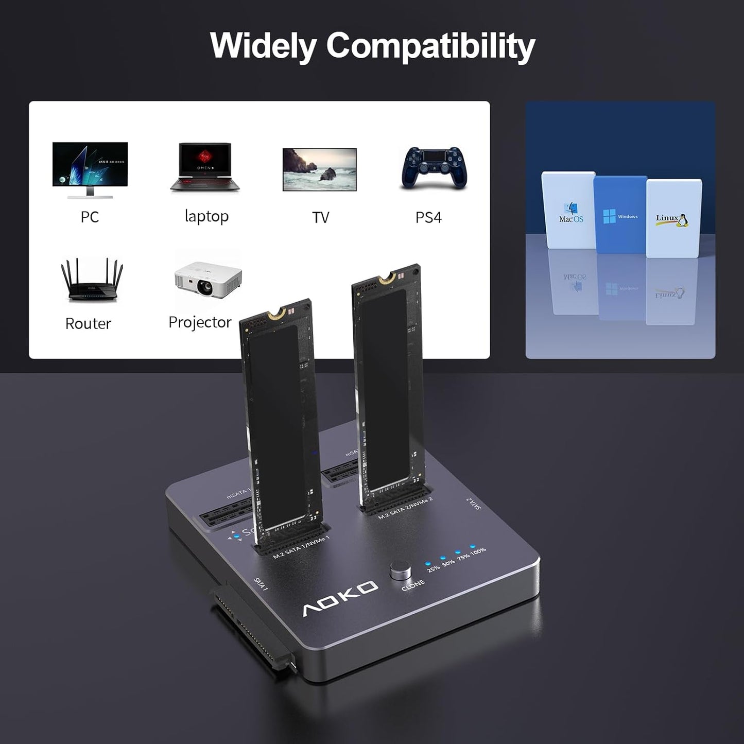 AOKO M.2 NVMe SSD Cloner, Dual-Bay 4-in-1 Hard Drive Duplicator/Reader, Supports M.2 NVMe/NGFF SATA, mSATA & SATA 2.5"/3.5" HDD,Offline Cloning Without PC