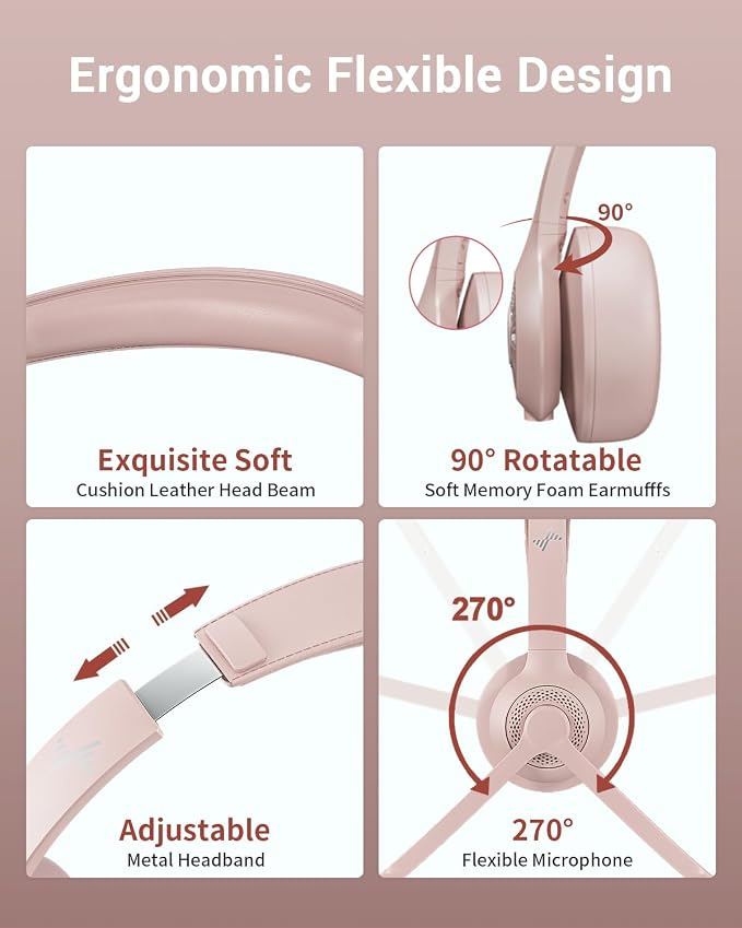 Bluetooth Wireless Headset with Mic for Work, Bluetooth 5.2, Advanced Noise Reduction Microphone, Clear Calls - Comfortable On-Ear Headphones, Applicable to PC, Laptop, Phone, Android, Zoom, Office