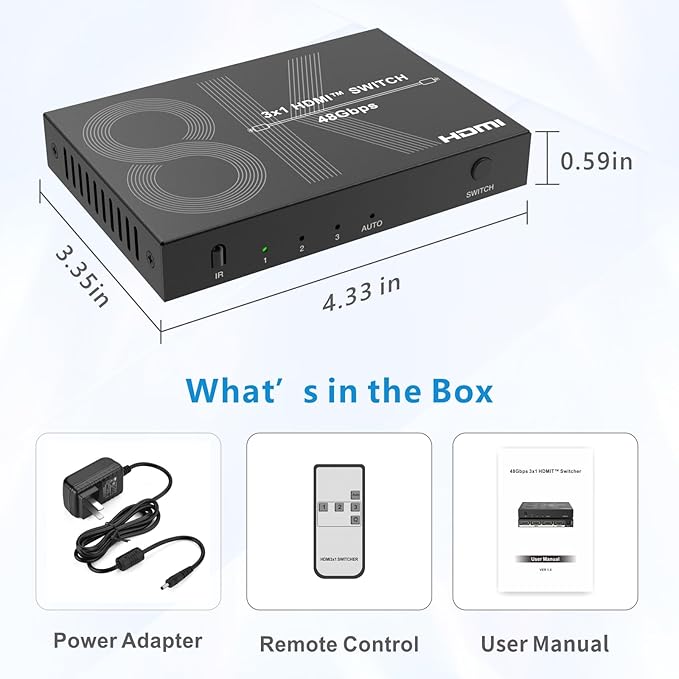8K HDMI Switch 3 in 1 Out 4K@120Hz HDMI Switcher Support HDR10+, Dolby Vision, Dolby Atmos, VRR, ALLM, CEC
