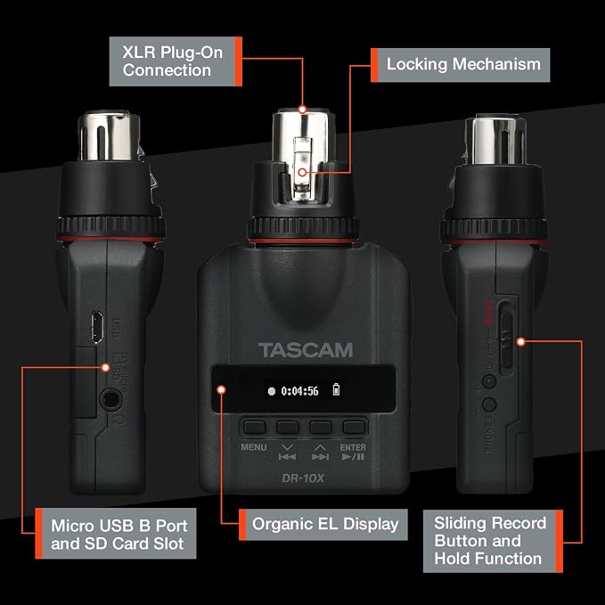 TASCAM XLR Micro Audio Portable Digital Recorder for XLR Microphones, Voice Recorder, Interview and News Gathering, Black (DR-10X)