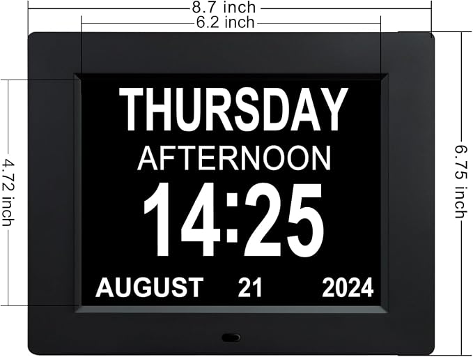 TMC 8 Inch Dementia Clock for Seniors – Large Auto-Dimming Calendar Display with Date & Time, Multi-Language Support, Medicine Reminders & Alarms – Wall or Desk Mount, Integrated Stand (Black, SD)