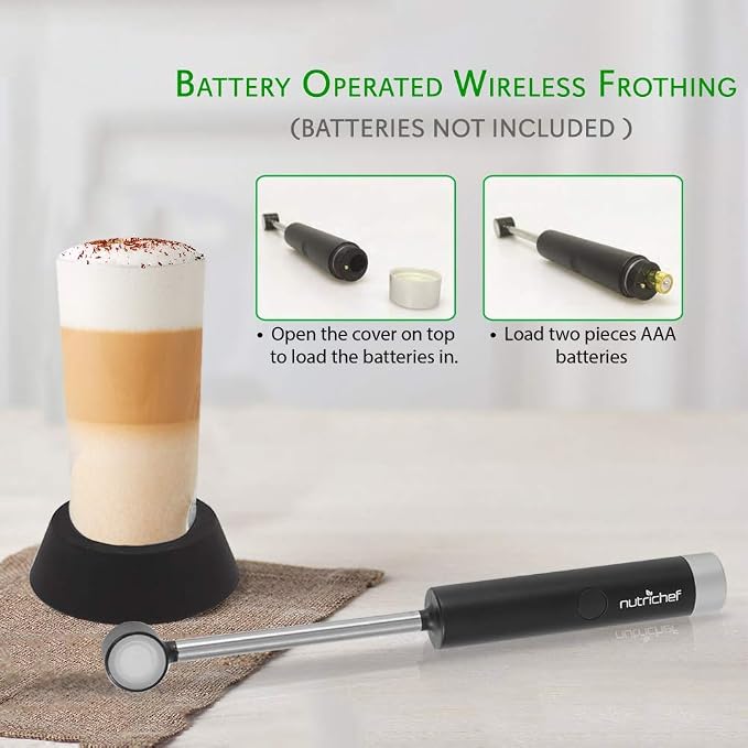 Portable Electric Ultrasonic Drink Frother - Battery Operated Handheld Beer Foam Maker Machine w/Stainless Steel Wand, 4.93 oz Glass - for Coffee, Milk, Cappuccino Latte - NutriChef PKBRFM32 (Black)