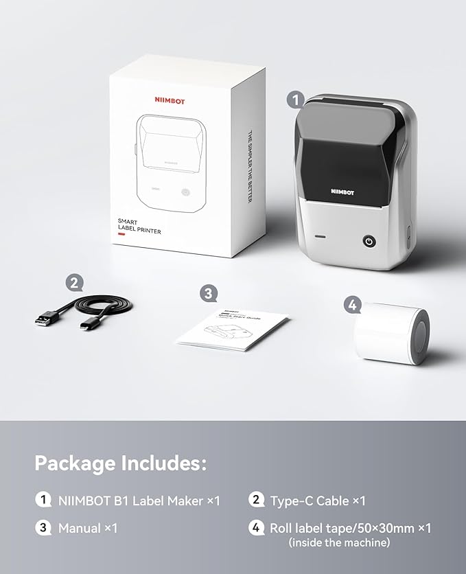 NIIMBOT B1 Label Maker, Portable Bluetooth Thermal Label Printer with Large Waterproof Tape and Multiple Templates for Kitchen, Home, School, Small Business,2 Inch (Silver, 1 Printer+1 Roll Label)