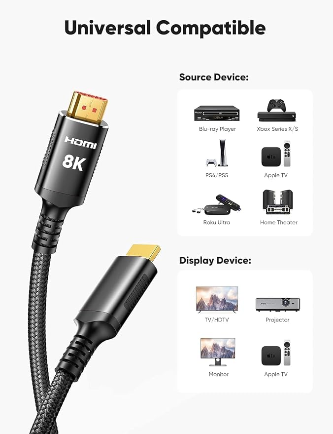 Snowkids 8K HDMI Fiber Optic Cable Long 2.1 200FT/60M, Unidirectional 48Gbps High Speed 8K60 4K Braided HDMI Cord eARC HDR10 2.2&2.3 Compatible for TV/Monitor/PS-5/X-box/Sound System & More