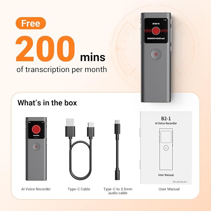 AI Digital Voice Recorder with Transcribe & Summarize, AI Note Taker for Meeting & Lectures, Voice Activated Recorder with Playback, Supports 90+ Languages Recording Device
