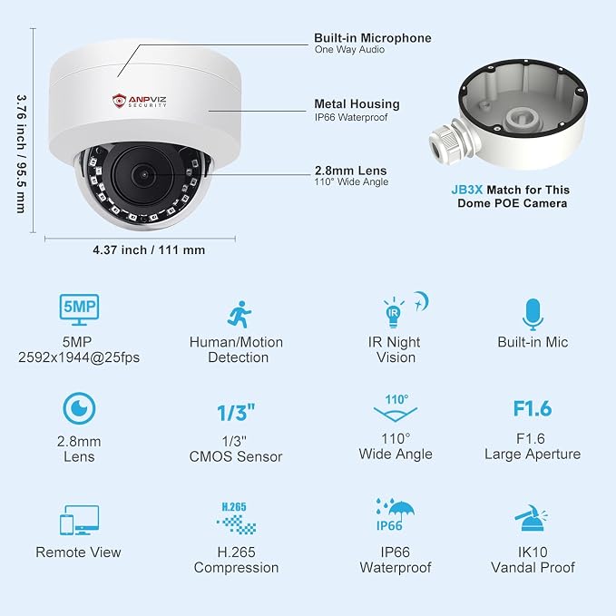 Anpviz 5MP PoE IP Dome Camera with Audio/Mic, IP Security Camera Outdoor Indoor, 98ft IR Night Vision, IP66 Waterproof, 2.8mm Lens, 24/7 Recording, Human Detection,Not PTZ,NDAA,IPC-D250W-SE (U Series)