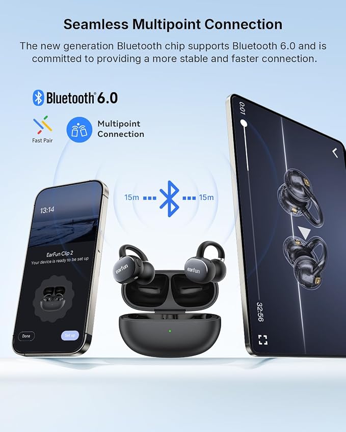 EarFun Clip 2 Open Ear Earbuds, Clip On Headphones, LDAC, Hi-Res Audio, 12mm Titanium Driver, 4 Mics AI Clear Call, AI Translation Earbuds, Secure Fit, 40H Playtime, Bluetooth 6.0 for Running, Workout